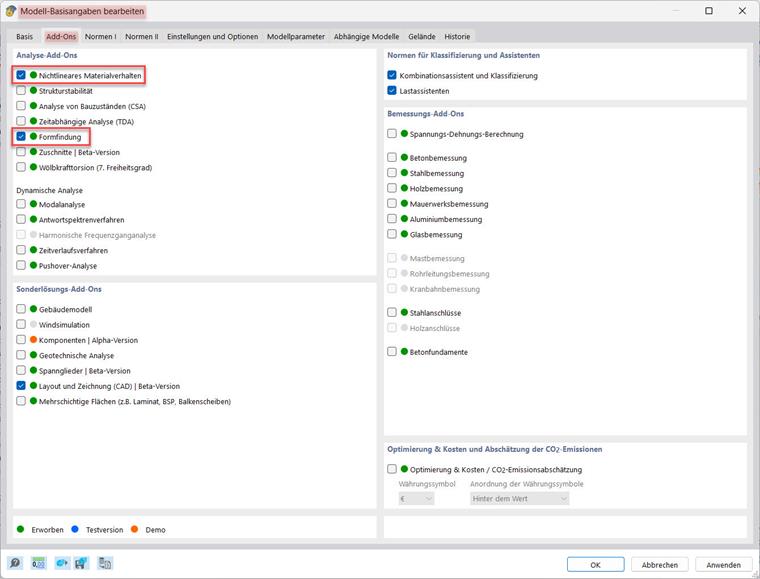 Bearbeitungsfenster für Modell-Basisangaben mit aktivierten Add-Ons für nichtlineares Materialverhalten und Formfindung.