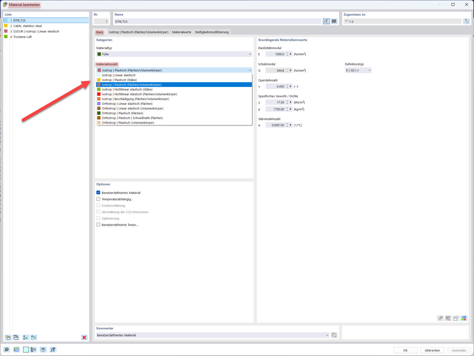 Bearbeitungsfenster für Materialeigenschaften mit verschiedenen Optionen für richtungsabhängiges Materialverhalten.