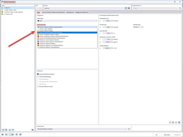 Bearbeitungsfenster für Materialeigenschaften mit verschiedenen Optionen für richtungsabhängiges Materialverhalten.