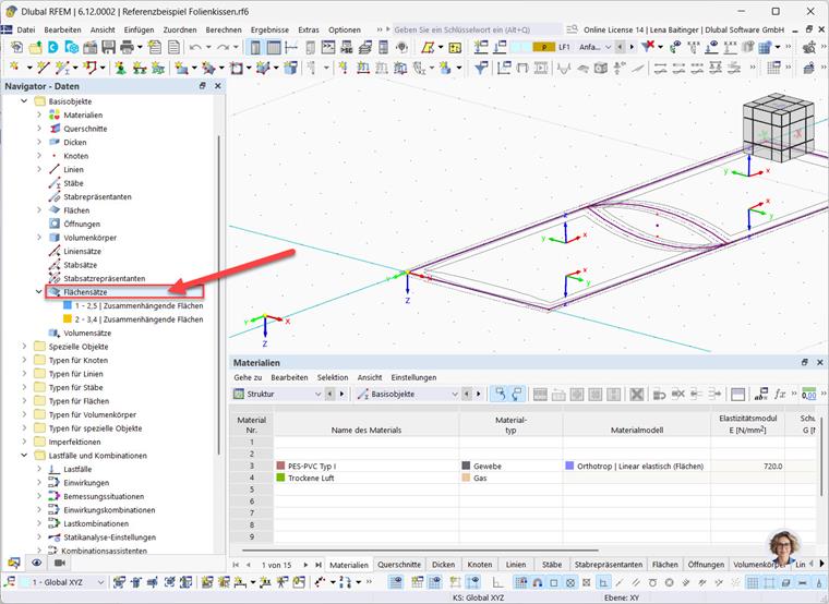 RFEM-Benutzeroberfläche zeigt den Navigatoreintrag 'Flächensätze'.