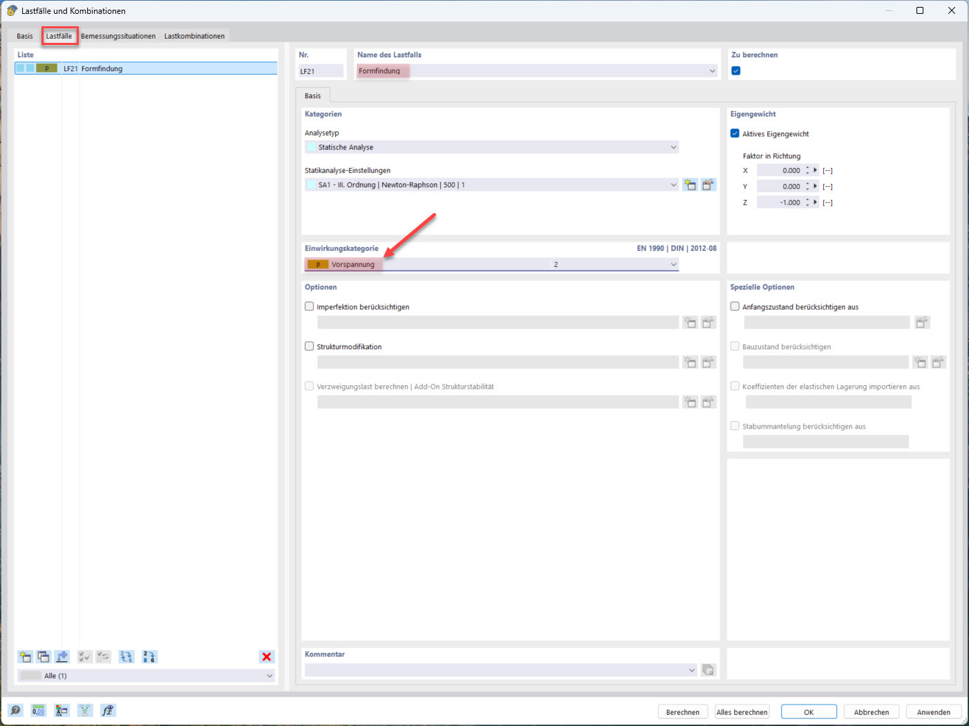 Auswahl Einwirkungskategorie Vorspannung im Lastfall Formfindung