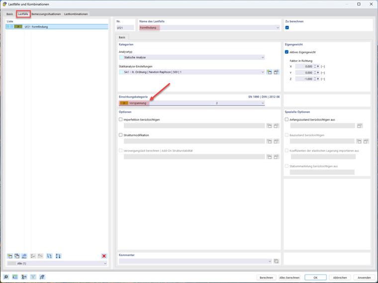 Auswahl Einwirkungskategorie Vorspannung im Lastfall Formfindung