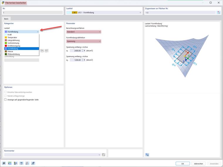 Flächenlast Fenster mit hervorgehobener Formfindungsauswahl und rot markierten Berechnungseinstellungen.