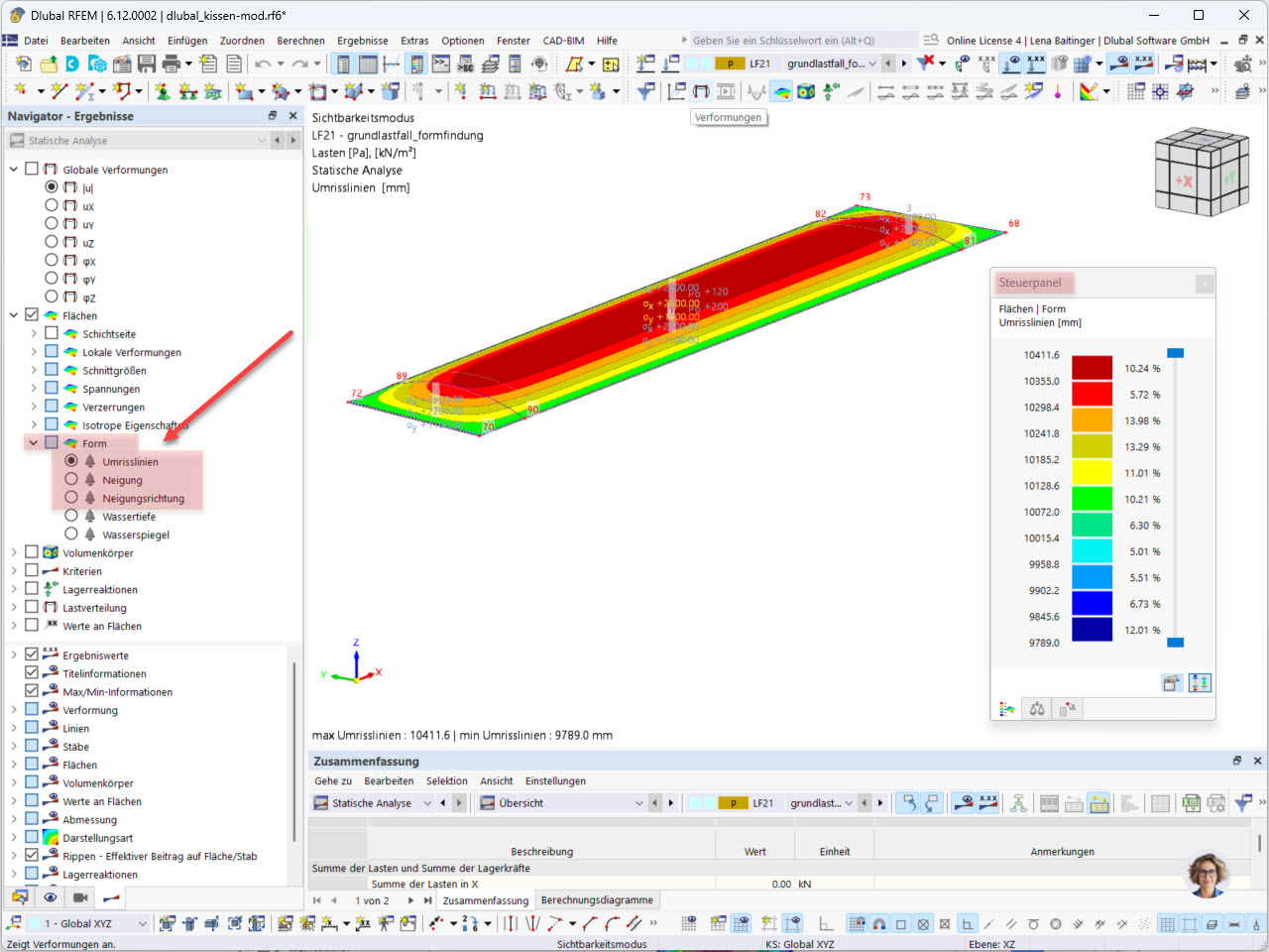 Pneumatisches Membranmodell mit markiertem Ergebnisnavigator und Steuerpanel für präzise Modellanpassungen.