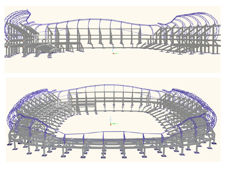 Detailansicht eines Stadionmodells mit komplexer Struktur, erstellt in RFEM, mit Darstellung der Geometrien und Verbindungen.