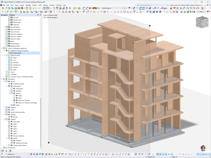Vertikalschnitt durch ein RFEM 6-Modell des 6-geschossigen BSH-Gebäudes, entworfen von Ergodomus in Modena, Italien.