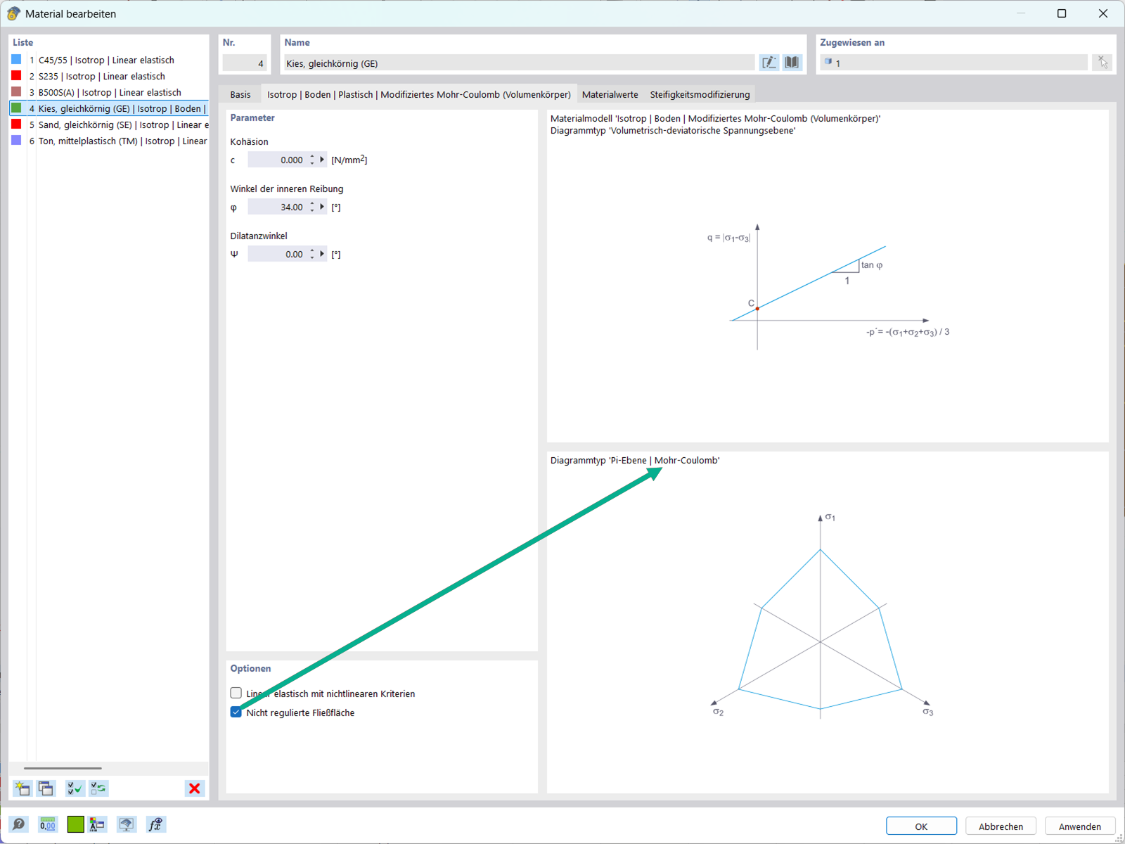 Geotechnische Analyse im Mohr-Coulomb-Modell zeigt Einstellungen zum Abrunden der Fließfläche an den Ecken.