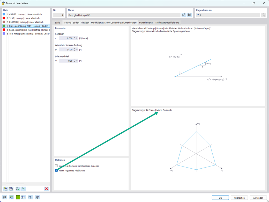 Geotechnische Analyse im Mohr-Coulomb-Modell zeigt Einstellungen zum Abrunden der Fließfläche an den Ecken.