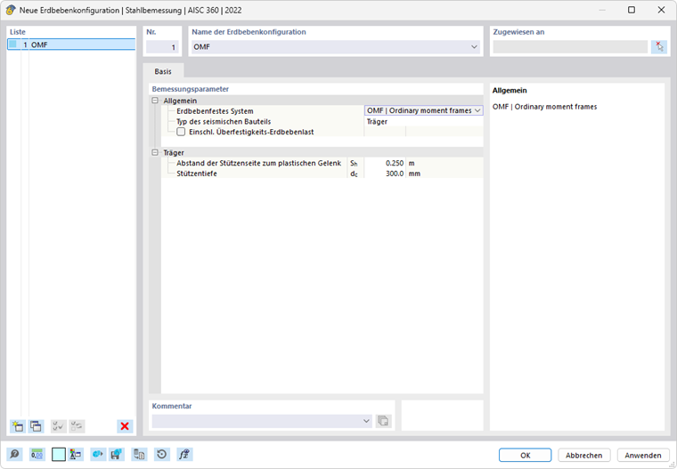 Dialog für die Erdbebenkonfiguration in der Stahlbemessung nach AISC 360