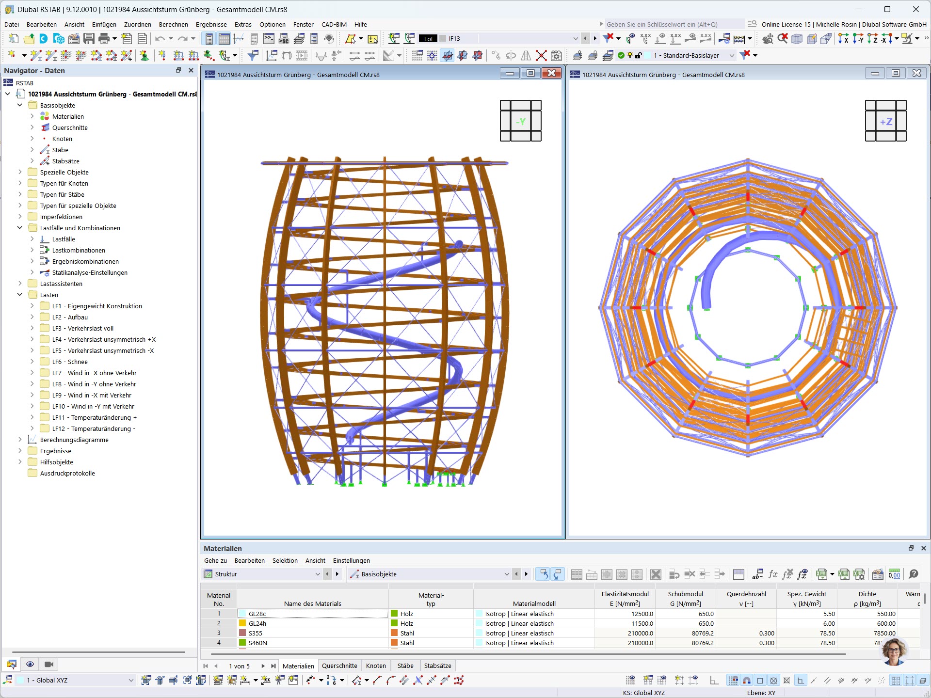 Ansichten eines Holzaussichtsturms, modelliert in der Software RSTAB.