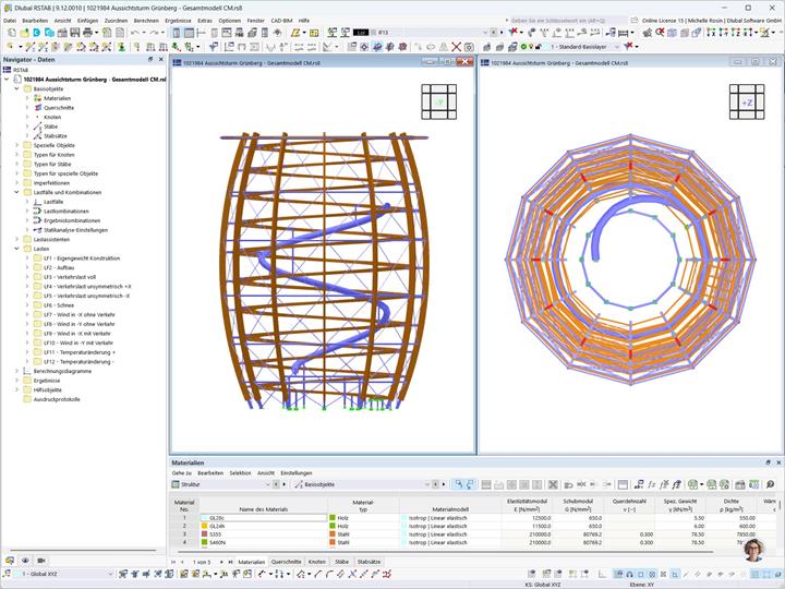 Ansichten eines Holzaussichtsturms, modelliert in der Software RSTAB.