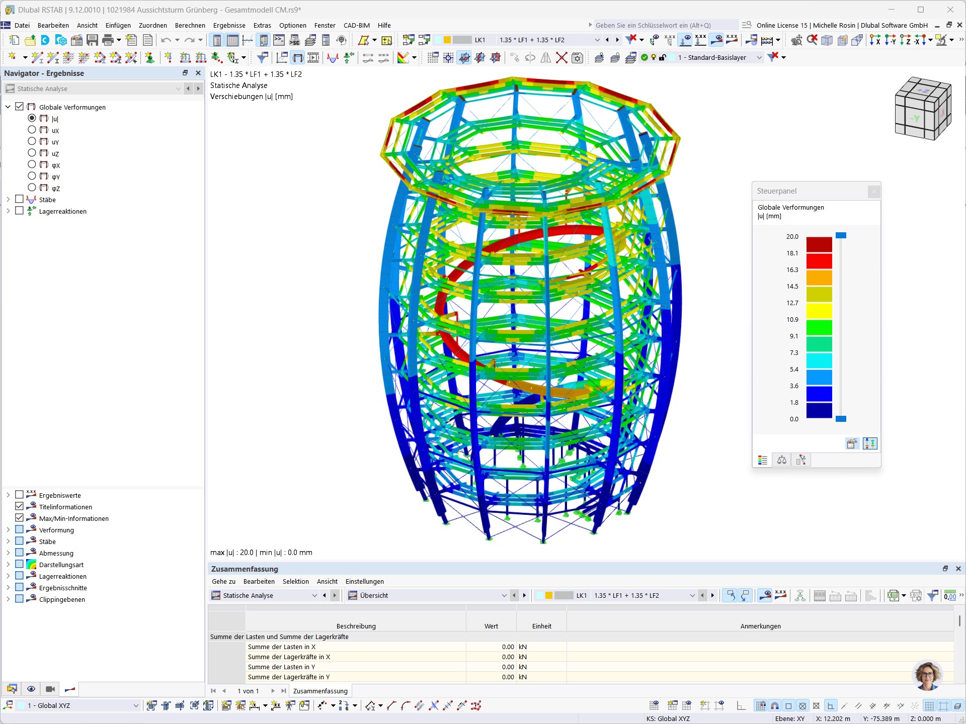 Visualisierung eines 3D-Modells eines Holzaussichtsturms mit Verformungen in RSTAB.