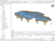 RFEM-Modell einer präzise ausgearbeiteten Brettschichtholz-Dachkonstruktion mit komplexem Geometrieentwurf.