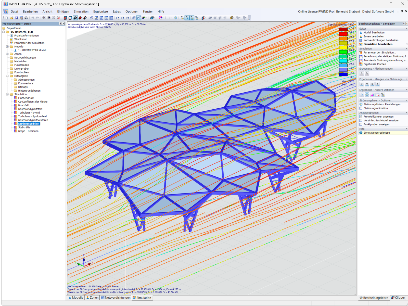 Analyse der Windwirkung auf eine komplexe Holzkonstruktion. Darstellung der Luftströmung und Druckverteilung bei einer Simulation in RWIND.