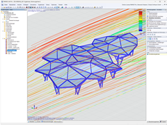 Analyse der Windwirkung auf eine komplexe Holzkonstruktion. Darstellung der Luftströmung und Druckverteilung bei einer Simulation in RWIND.