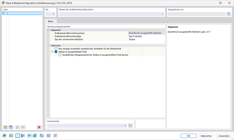 Dialog für die Erdbebenkonfiguration in der Stahlbemessung nach CSA S16