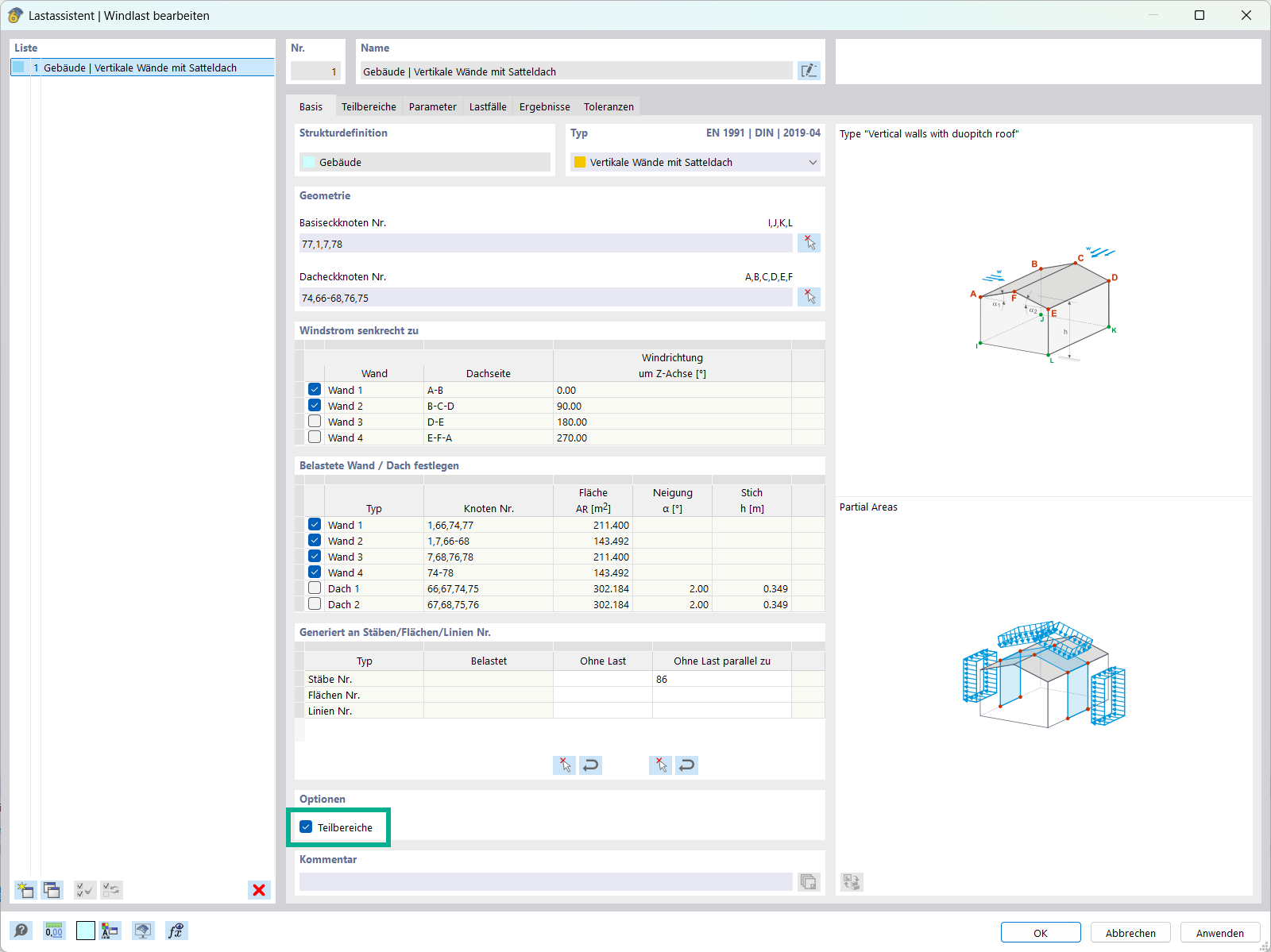 Die Option "Teilbereiche" im Windlastassistent zur gezielten Lastenverteilung auf der Gebäudehülle.