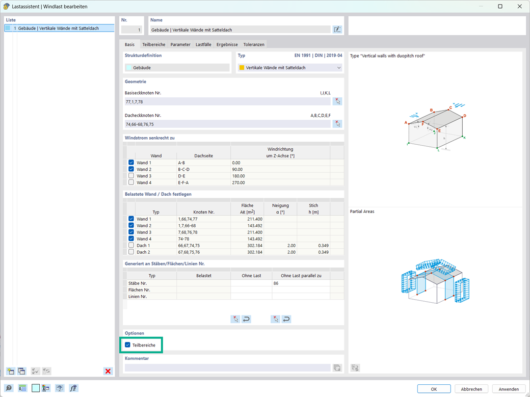 Die Option "Teilbereiche" im Windlastassistent zur gezielten Lastenverteilung auf der Gebäudehülle.