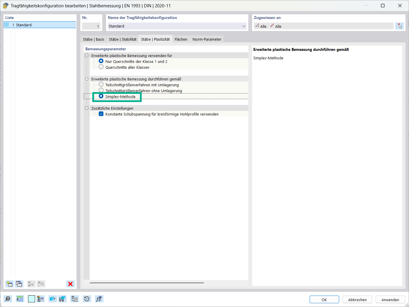 Darstellung der Simplex-Methode für plastische Nachweise im Teilschnittgrößenverfahren.