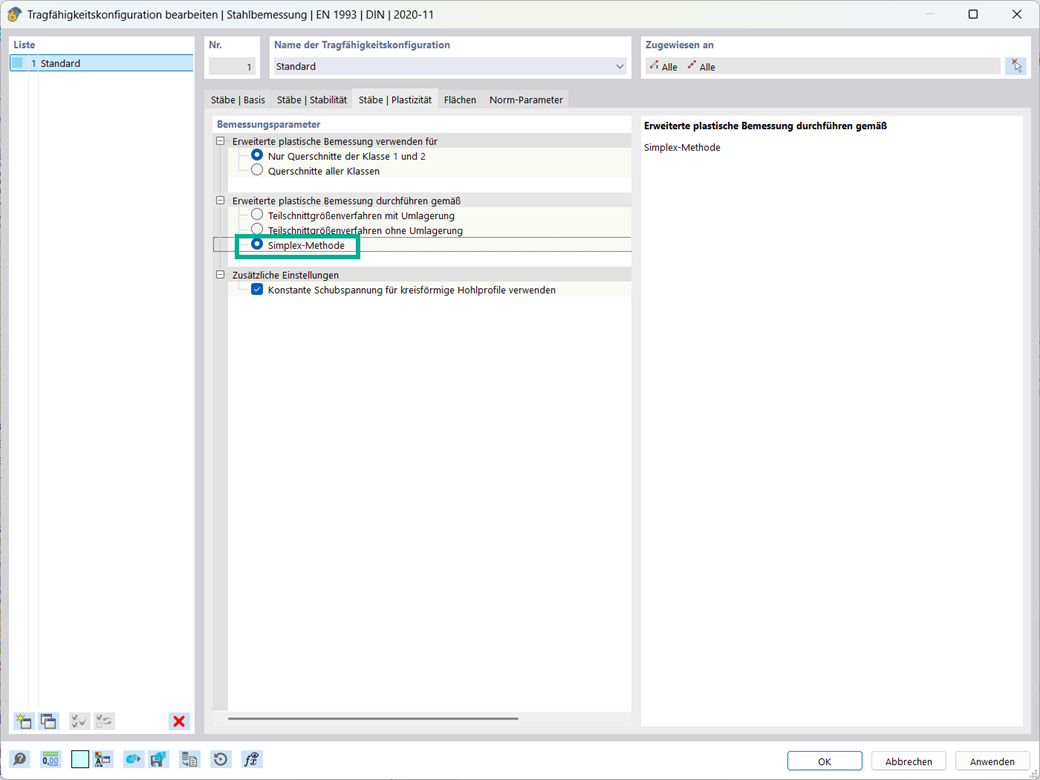 Darstellung der Simplex-Methode für plastische Nachweise im Teilschnittgrößenverfahren.