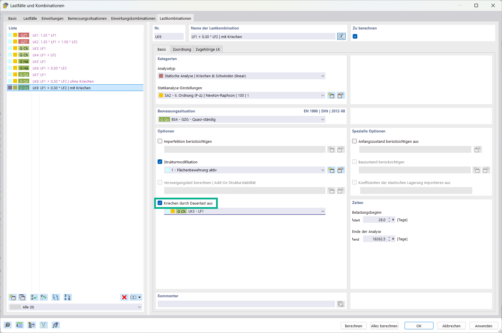 Darstellung der Option zur Berücksichtigung des Kriechens in Lastkombinationen.