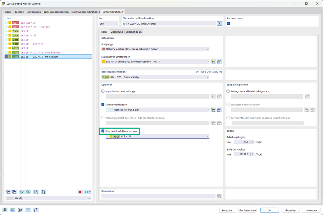 Darstellung der Option zur Berücksichtigung des Kriechens in Lastkombinationen.