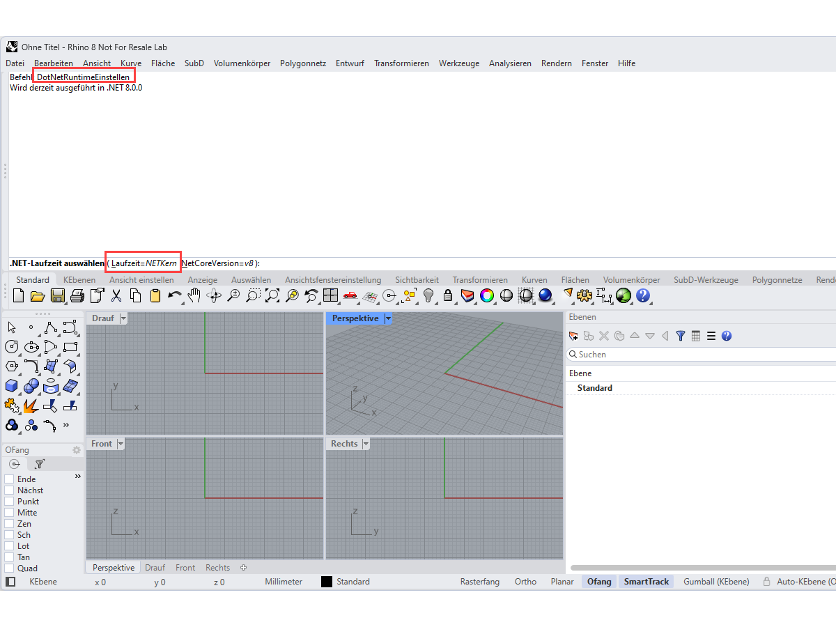 DotNetRuntime Einstellung in Rhino 8