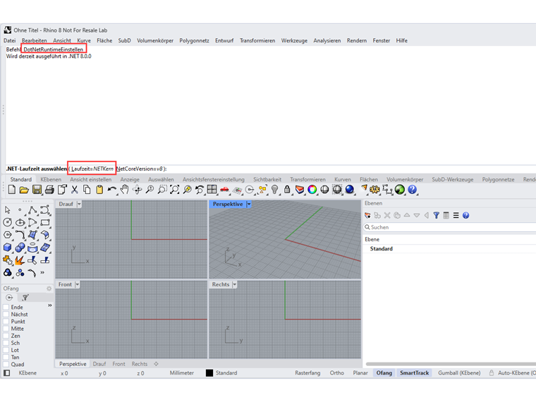 DotNetRuntime Einstellung in Rhino 8