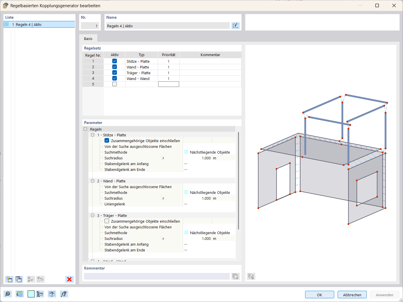 Semi-automatische Verknüpfung von importierten, nicht verbundenen 3D-Objekten durch Starrstäbe und starre Kopplungen.