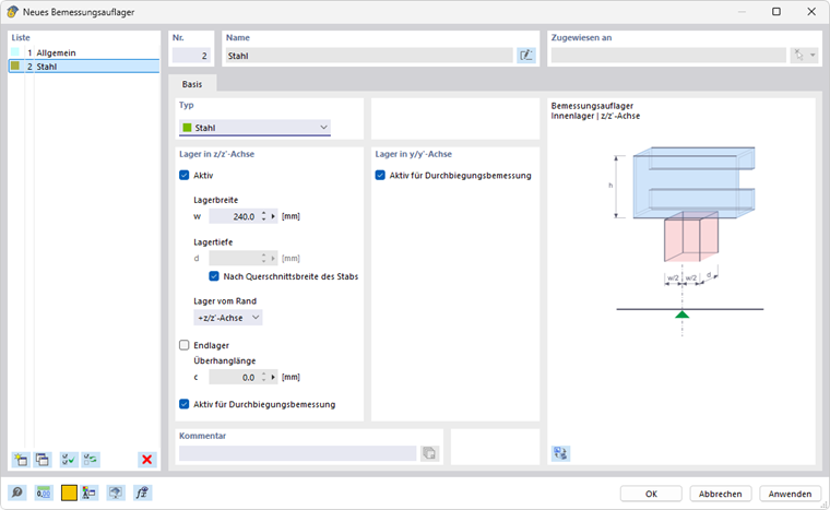 Dialog 'Neues Bemessungsauflager'