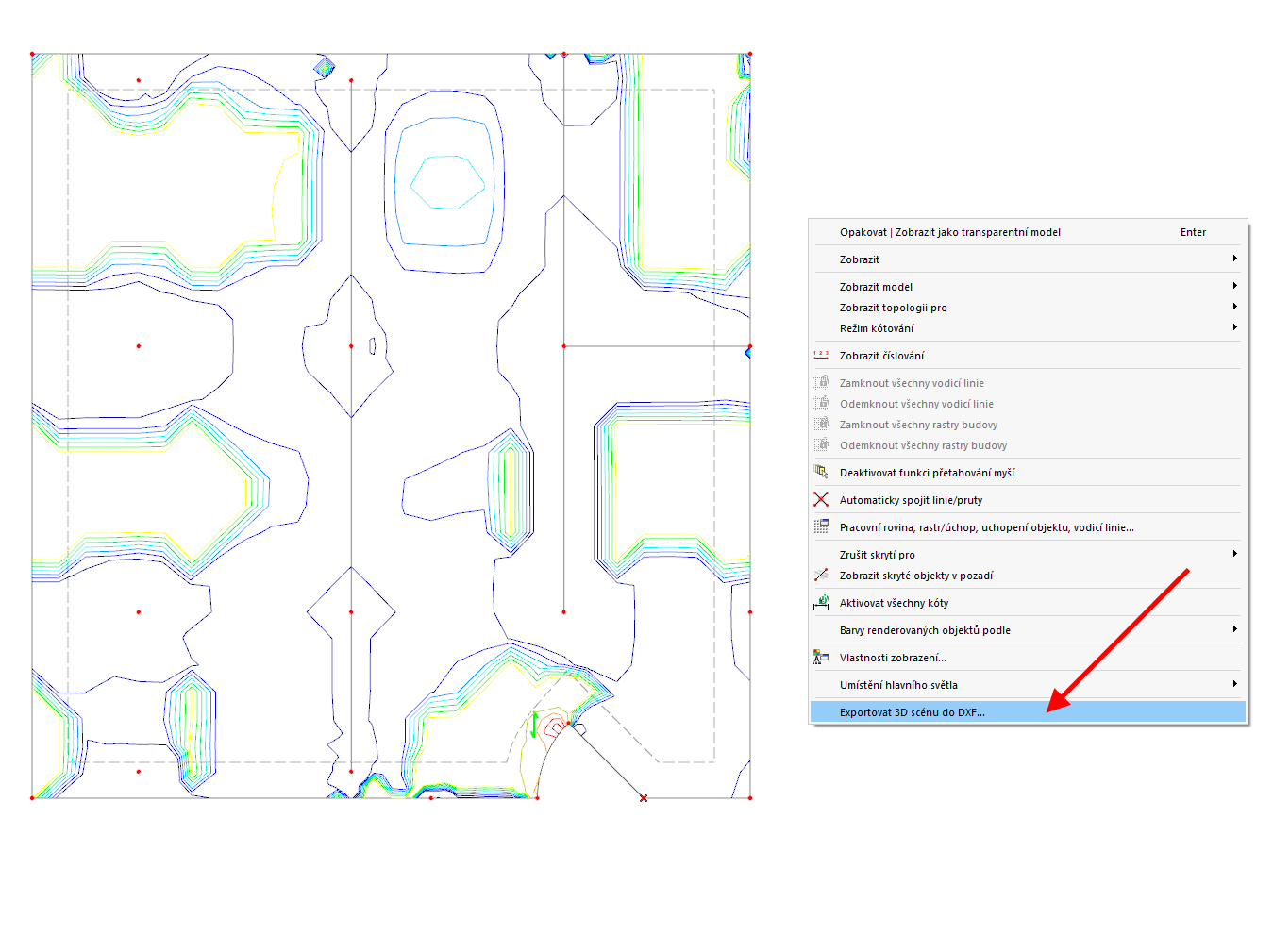 Isolinien, die die erforderlichen Bewehrungsflächen darstellen, können mit dem Tool „3D-Szene in DXF exportieren...” exportiert werden.