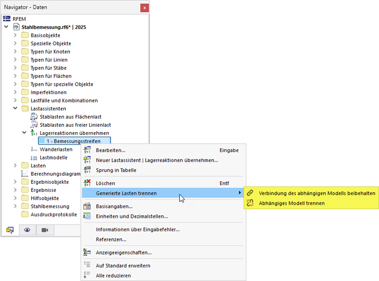 Optionen beim Trennen der generierten Lasten