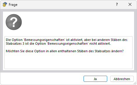 Abfrage beim Zuordnen von Bemessungseigenschaften für den Stab eines Stabsatzes