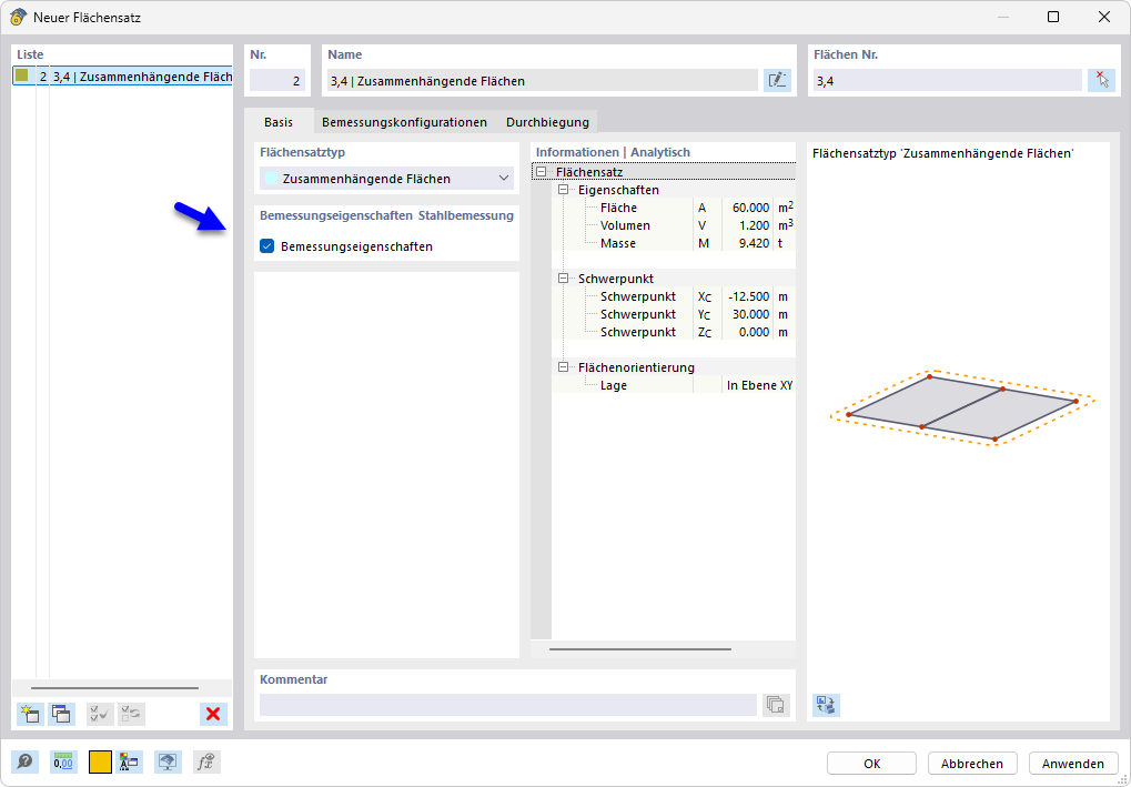 Dialog 'Neuer Flächensatz' – Bemessungseigenschaften für Stahlbemessung aktiviert