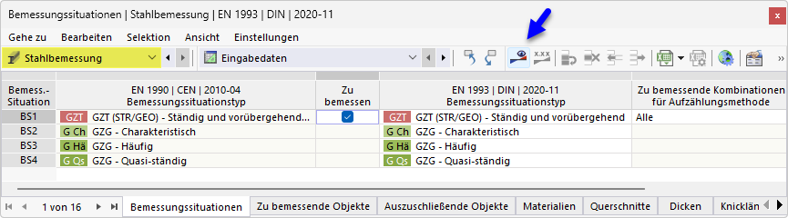 Stahlbemessung mit Schaltfläche in Tabelle starten