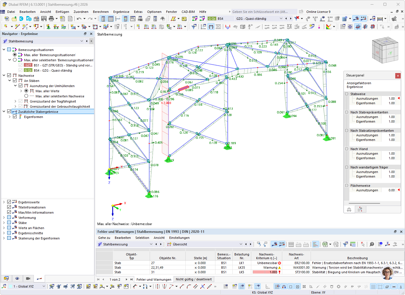 Ergebnisse der Stahlbemessung in Tabellen und Grafik