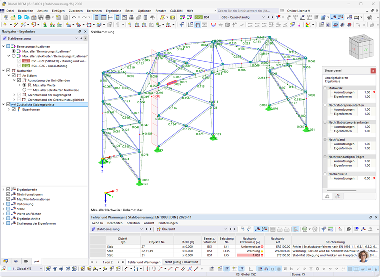 Ergebnisse der Stahlbemessung in Tabellen und Grafik