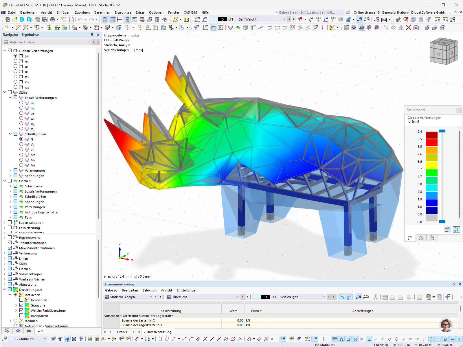 Verformungsanalyse einer Stahlkonstruktion unter Last, erstellt mit RFEM-Software.