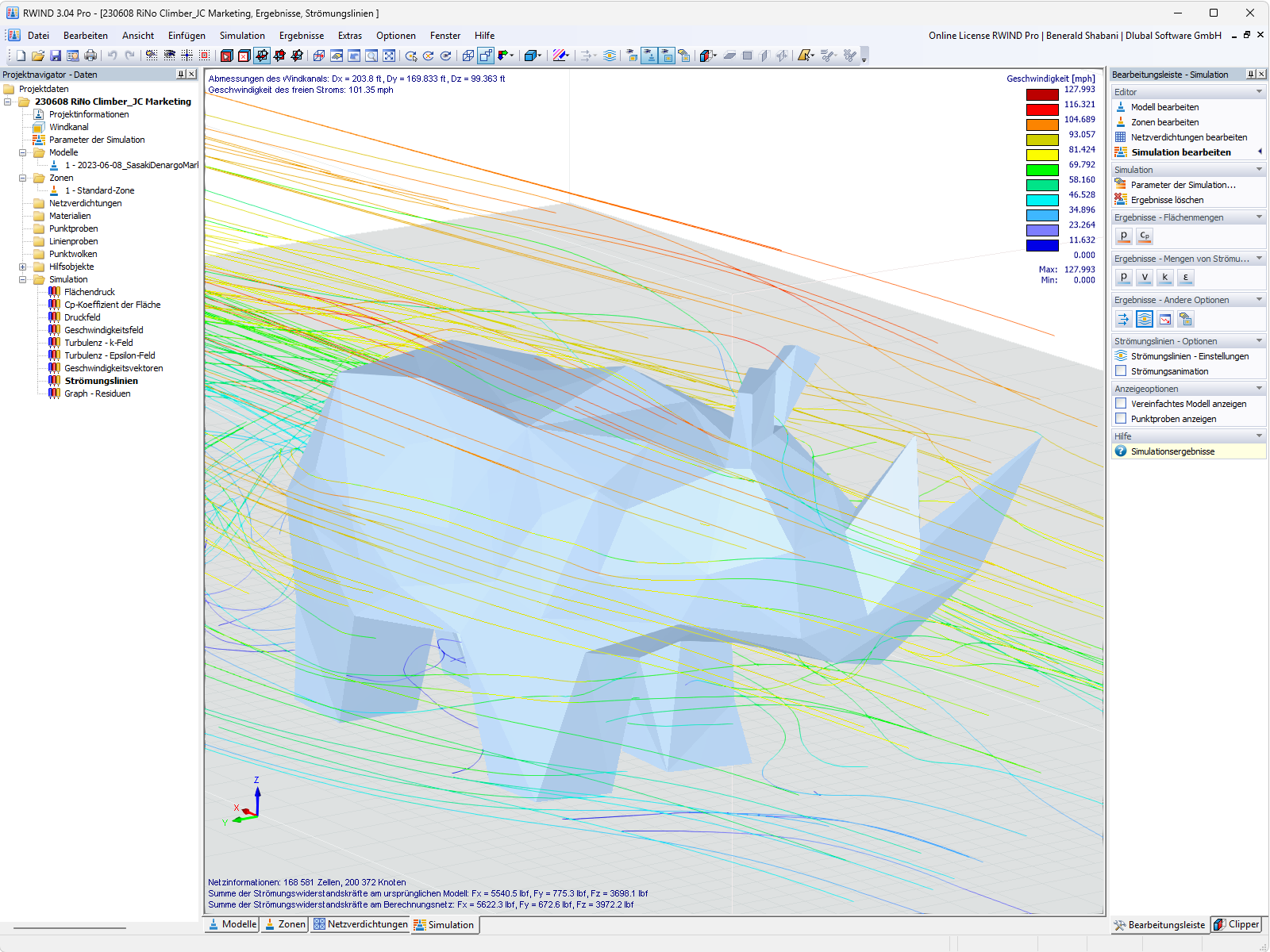 Windanalyse einer Stahlkonstruktion im RWIND Simulator von CRAFT Engineering Studio.