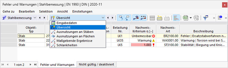Ergebnistabellen für Stahlbemessung