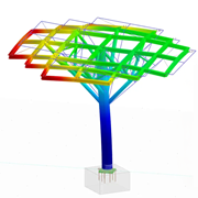 Von Bäumen inspirierte Stahlkonstruktion für Photovoltaikanlagen, erstellt mit der Software RFEM 6 – ein Beispiel für den innovativen Einsatz der Software bei Projekten im Bereich erneuerbare Energien.