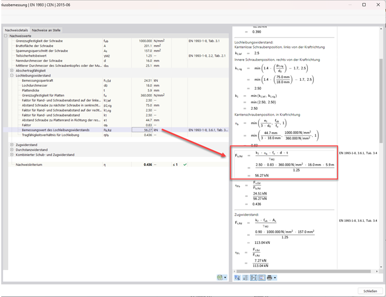 Bemessungswert des Lochleibungswiderstands nach DIN EN 1993-1-8, Kapitel 3.6.1, Tabelle 3.4