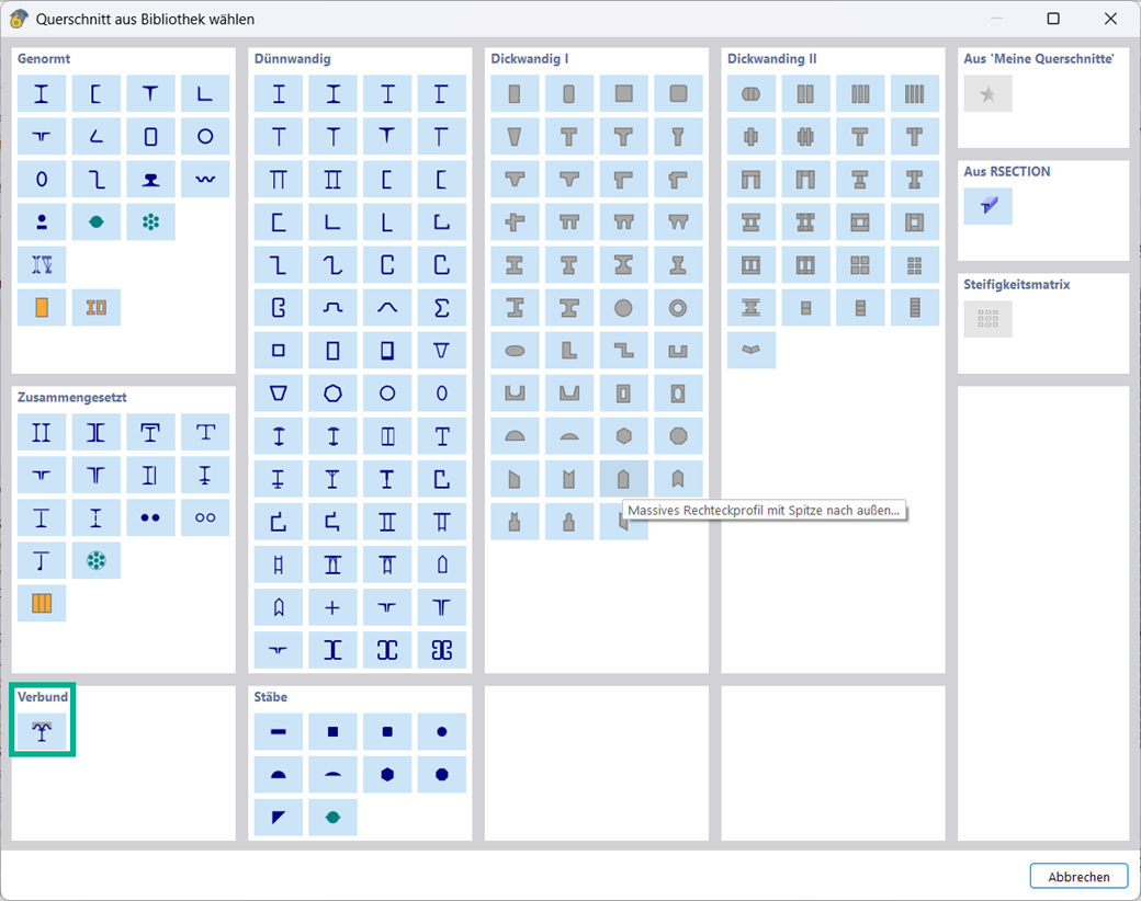 Verbundträger in der Querschnittsbibliothek von RFEM und RSTAB mit I-Profilen und Betonplatten.