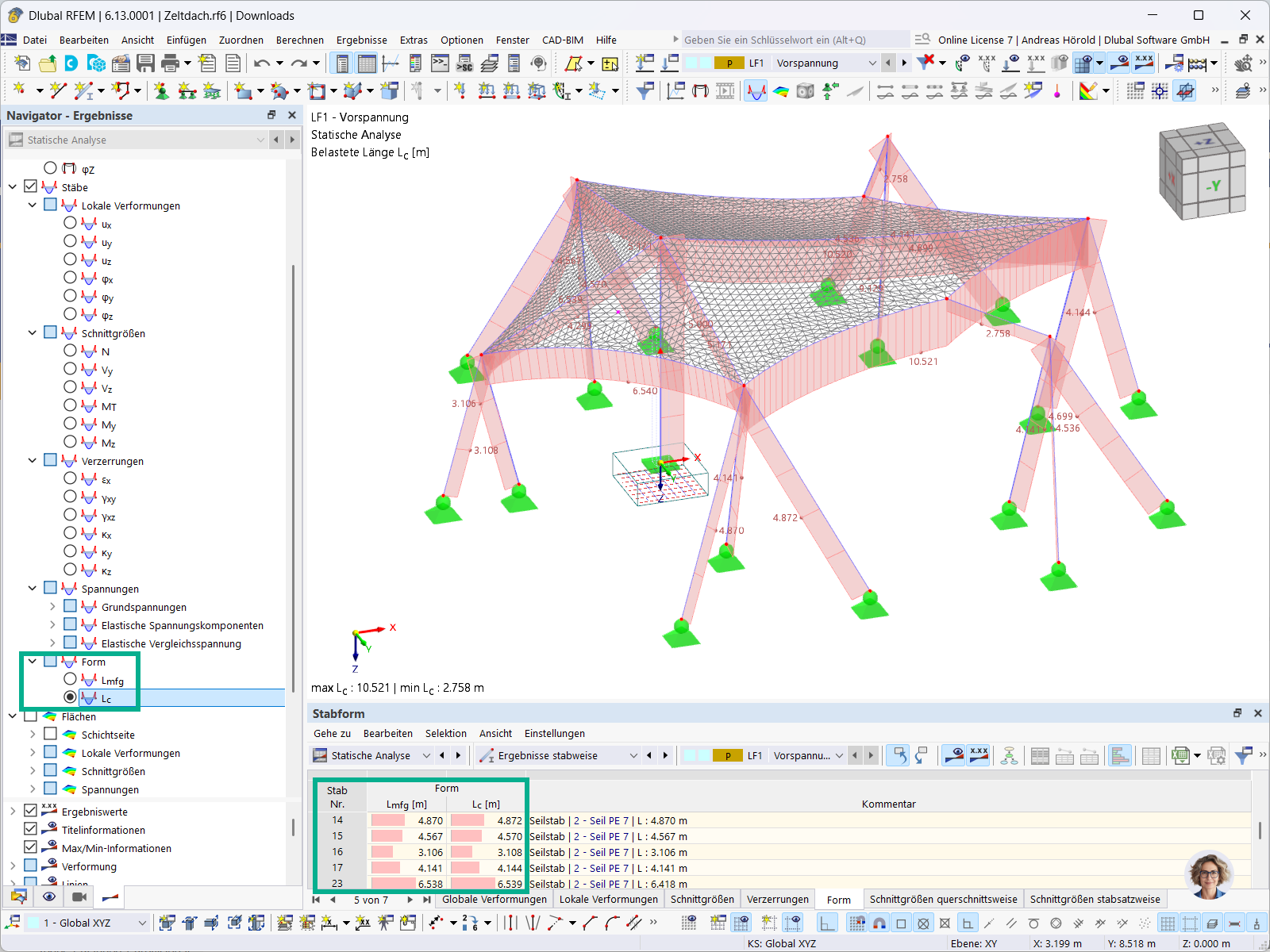 Längen von Stäben nach Formfindung im belasteten und unbelasteten Zustand in Tabellenansicht