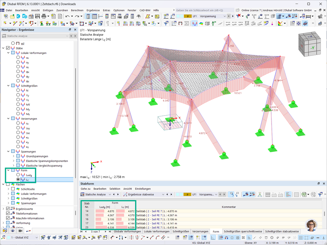 Längen von Stäben nach Formfindung im belasteten und unbelasteten Zustand in Tabellenansicht