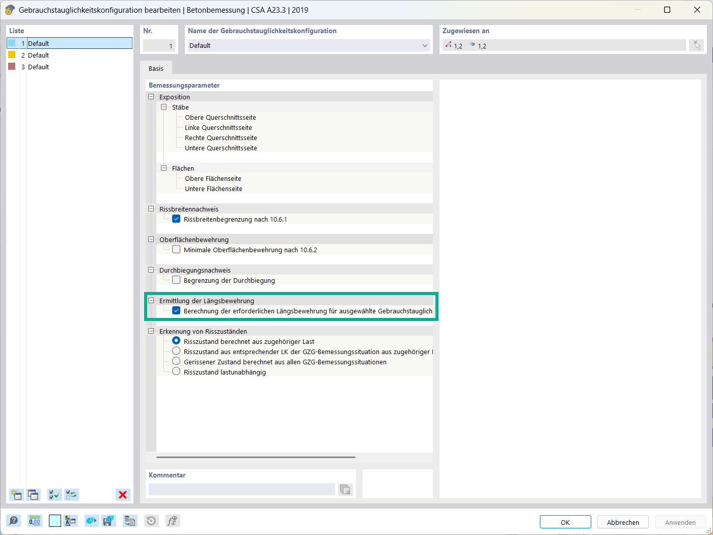 Berechnung der erforderlichen Längsbewehrung für Beton nach ACI 318 sowie CSA A23.3 für Gebrauchstauglichkeitsnachweis.