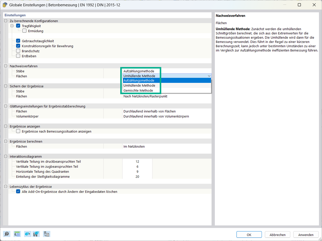 Nachweisverfahren für die Betonbemessung von Stäben und Flächen: Aufzählungsmethode, Umhüllende Methode und Gemischte Methode