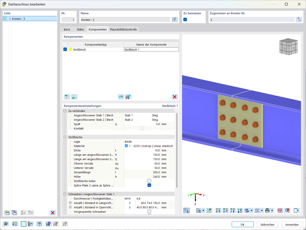 Detailansicht einer Stoßblechverbindung in einer Stahlkonstruktion, die geschraubte Verbindungslaschen umfasst.