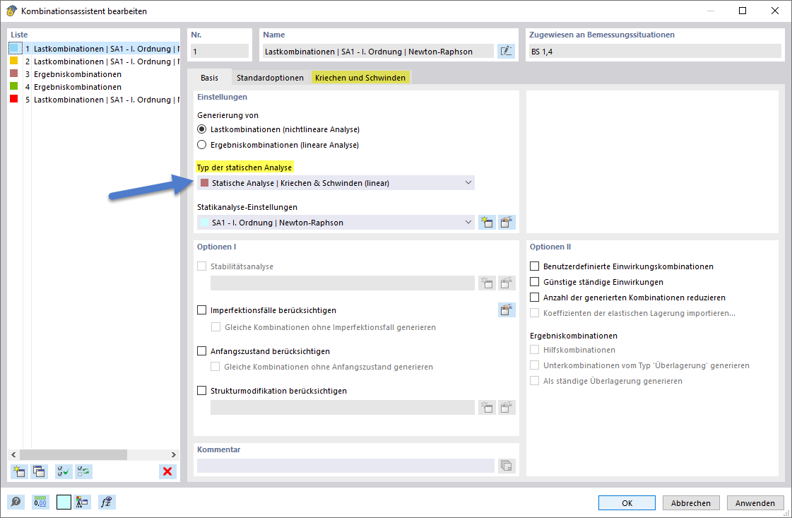 Auswahl des Typs der statischen Analyse im Kombinationsassistent