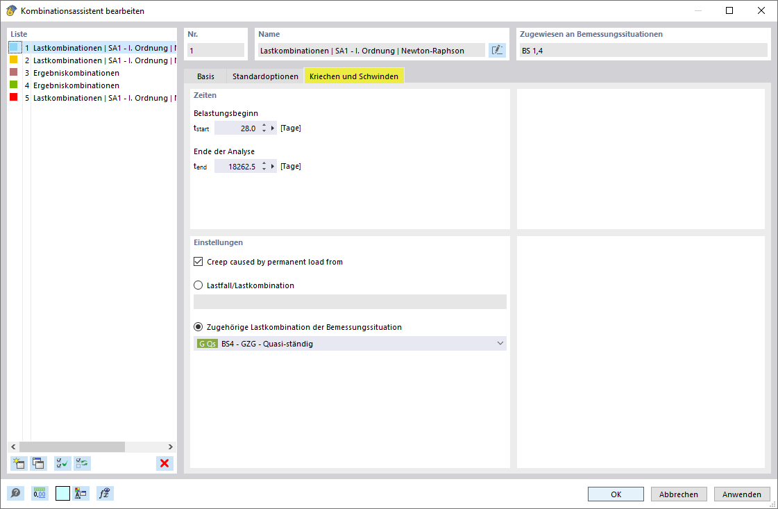 Einstellungen für das Kriechen und Schwinden im Kombinationsassistent